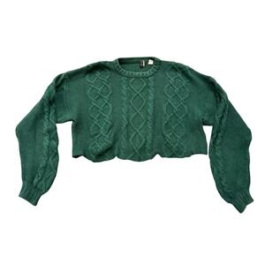 Vintage John Ashford Emerald Green Cable Knit Cropped Sweater L Cotton Distresse